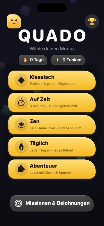 Quado-Hauptmenü mit fünf Spielmodus-Karten